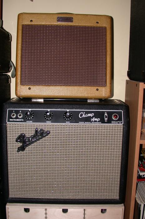 1959 Tweed Fender Champ, and a 1966 Blackface Fender Champ.