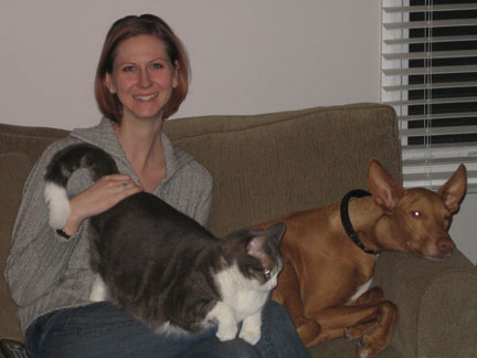 Me with Poe and Disco the cat